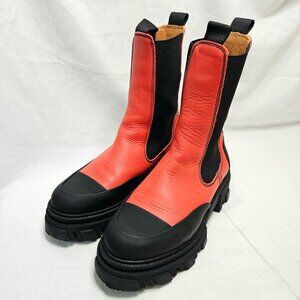Ganni Leather Rubber Black Red Rain Boots Lug Sole Ankle Women's UK 37 US 7